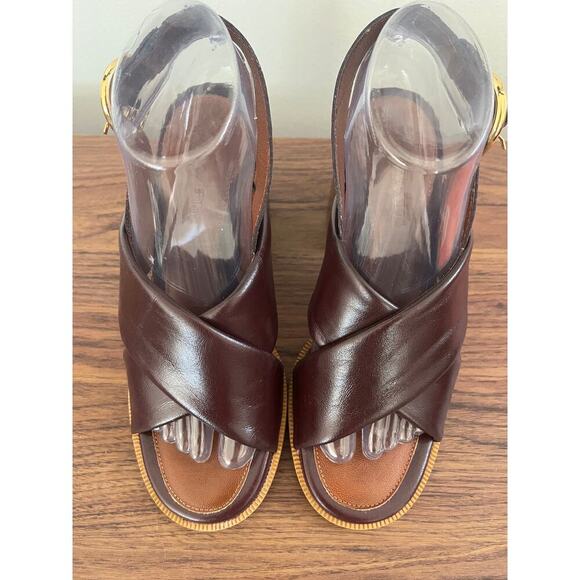 See By Chloe NWOB EU38/US7 Leather Chunky Heel Lyna Slingback Sandal Burgundy - Picture 3 of 10